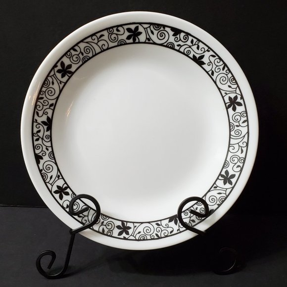 Corelle Black Winding Gate Bread Butter or Dessert Plates Black Scroll Flowers - Picture 2 of 6